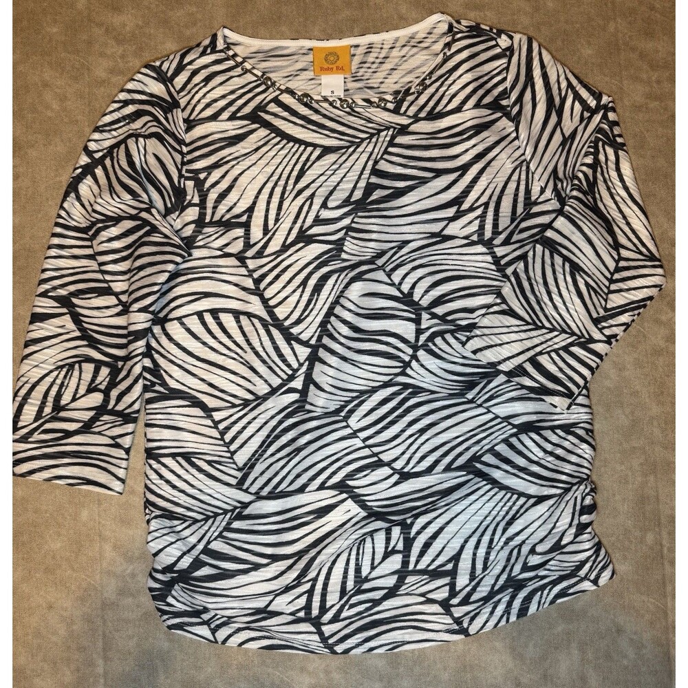 RUBY RD. Women's Stretch Cotton Tunic Blouse 3/4 Sleeve Floral Beaded Size SMALL